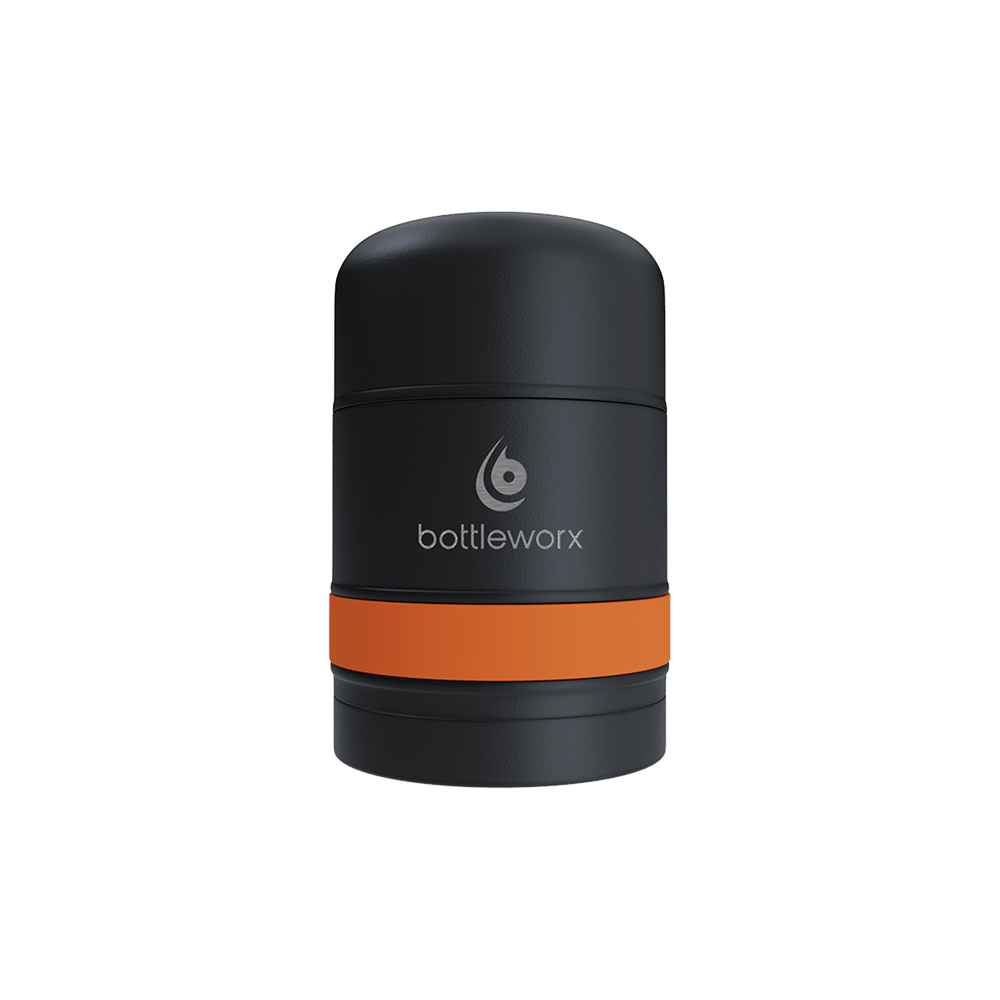 Food jar with black powder-coated body and orange band, bottlerwox logo