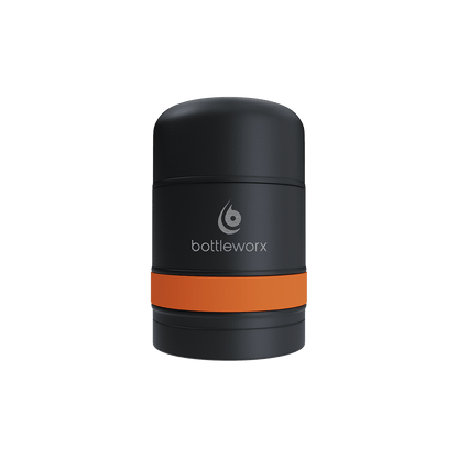 Food jar with black powder-coated body and orange band, bottlerwox logo