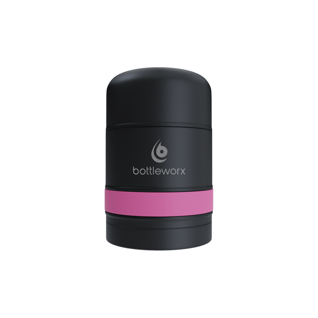 Food jar with black powder-coated body and pink band, bottlerwox logo