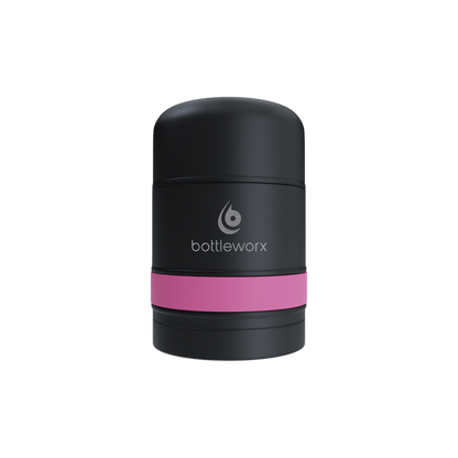 Food jar with black powder-coated body and pink band, bottlerwox logo