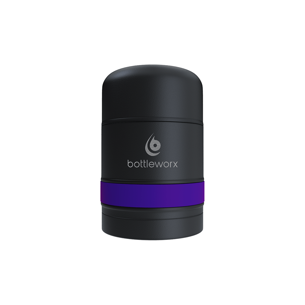 Food jar with black powder-coated body and purple band, bottlerwox logo