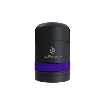 Food jar with black powder-coated body and purple band, bottlerwox logo