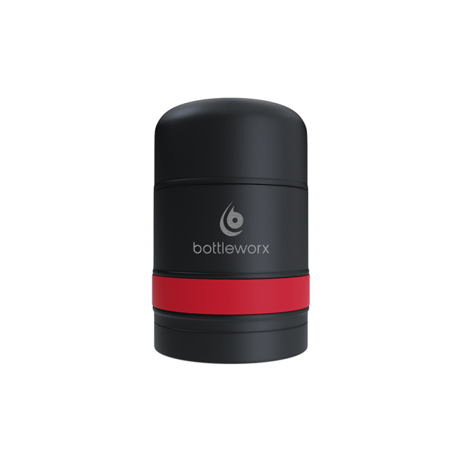 Food jar with black powder-coated body and red band, bottlerwox logo