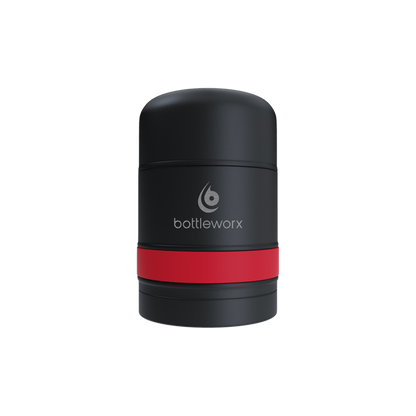 Food jar with black powder-coated body and red band, bottlerwox logo