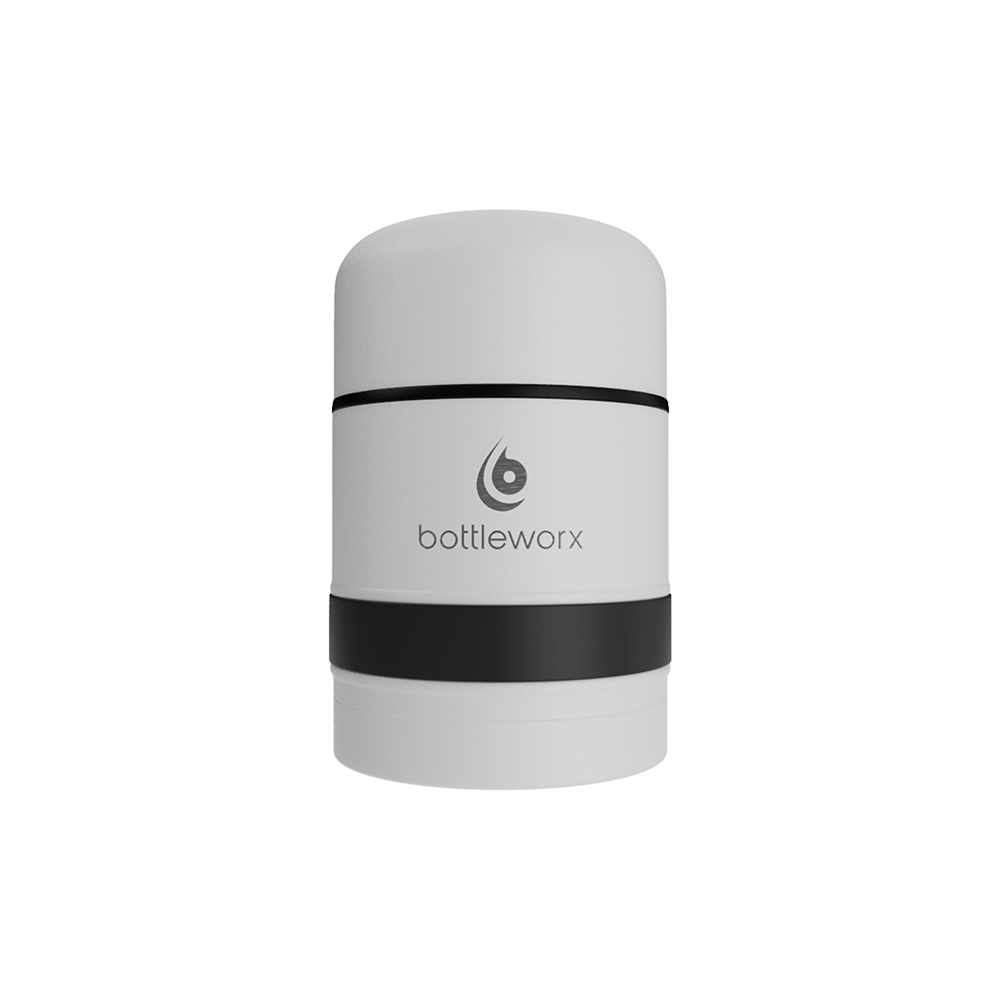 White food jar with black band and black rim stripe on powder-coated lid