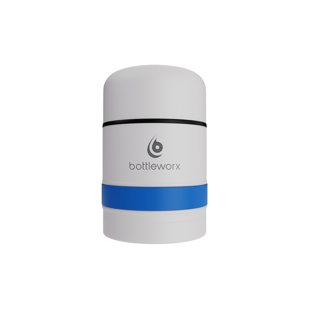 White food jar with blue band and black rim stripe on powder-coated lid