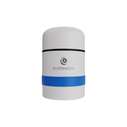 White food jar with blue band and black rim stripe on powder-coated lid