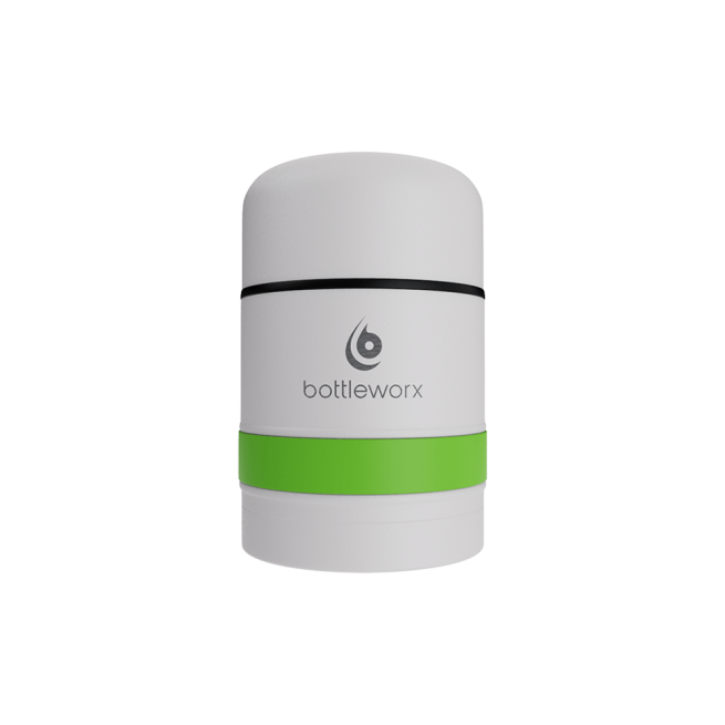 White food jar with green band and black rim stripe, powder-coated