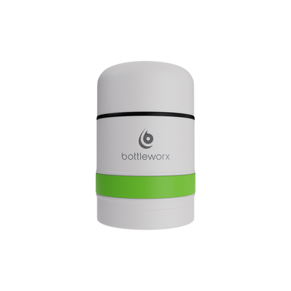 White food jar with green band and black rim stripe, powder-coated