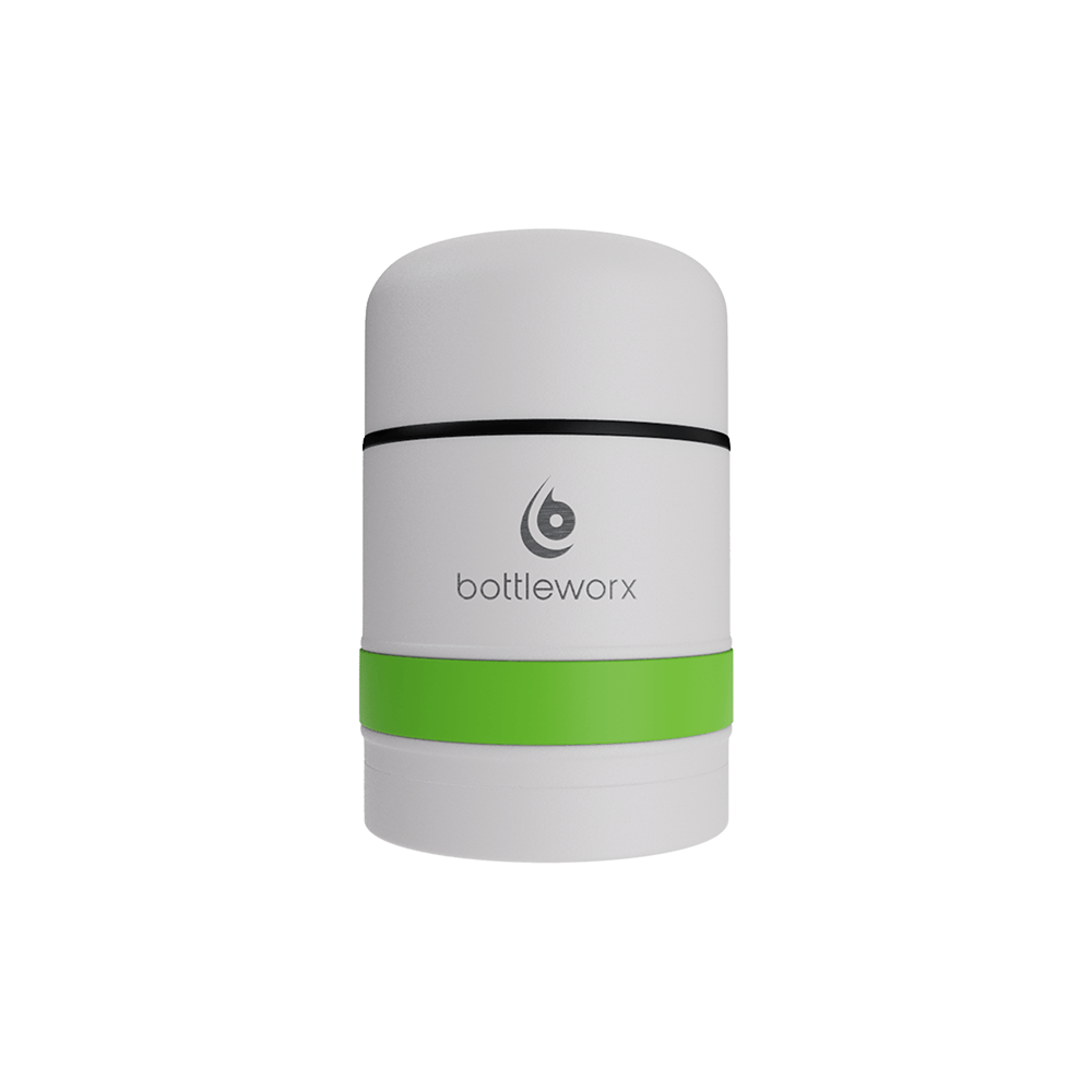 White food jar with green band and black rim stripe on powder-coated lid