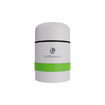 White food jar with green band and black rim stripe on powder-coated lid