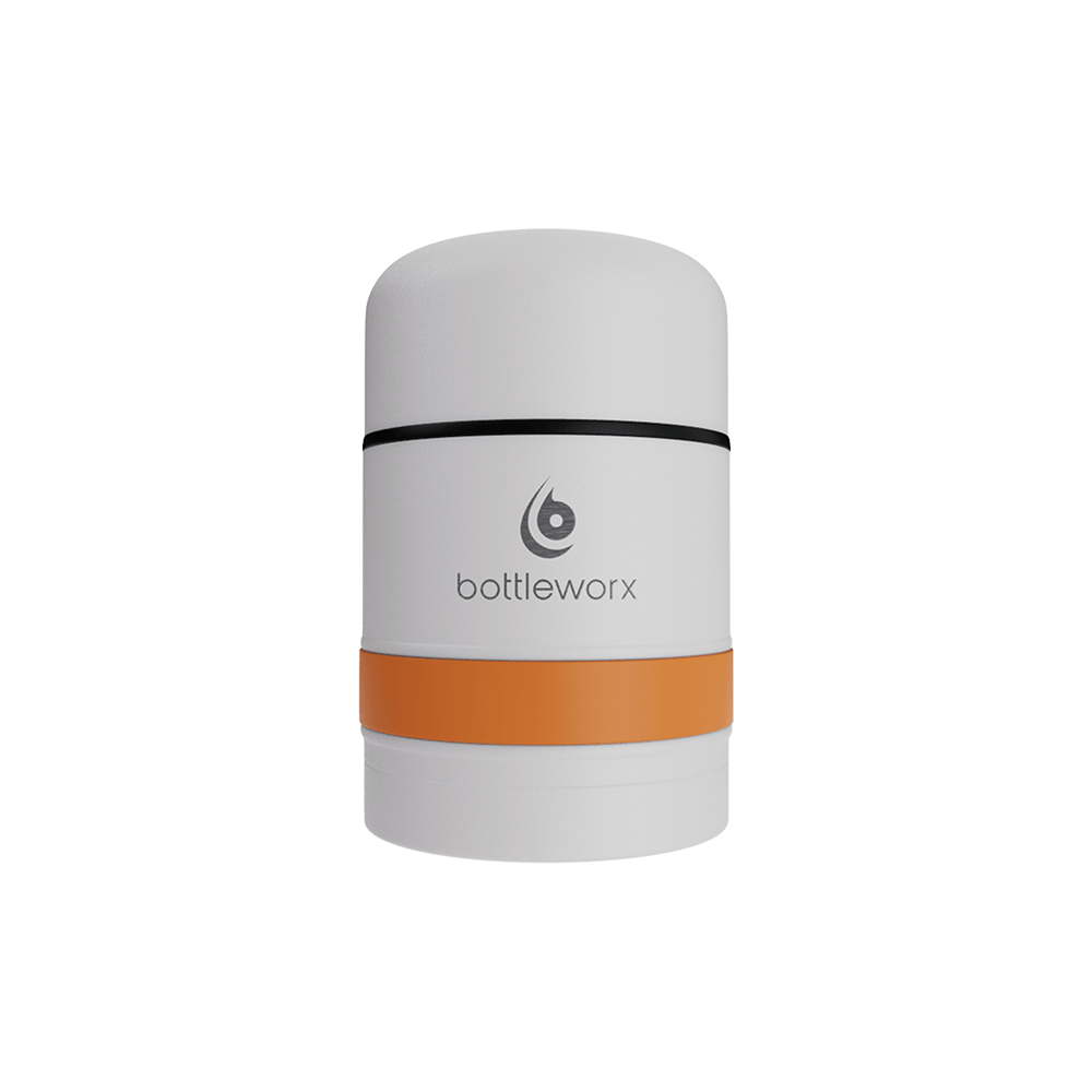 White food jar with orange band and black rim stripe on powder-coated lid