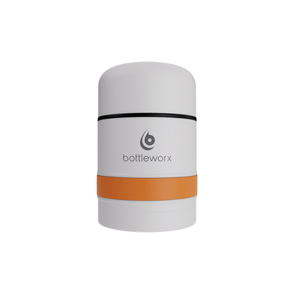 White food jar with orange band and black rim stripe on powder-coated lid