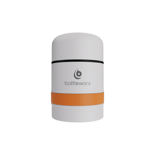 White food jar with orange band and black rim stripe on powder-coated lid