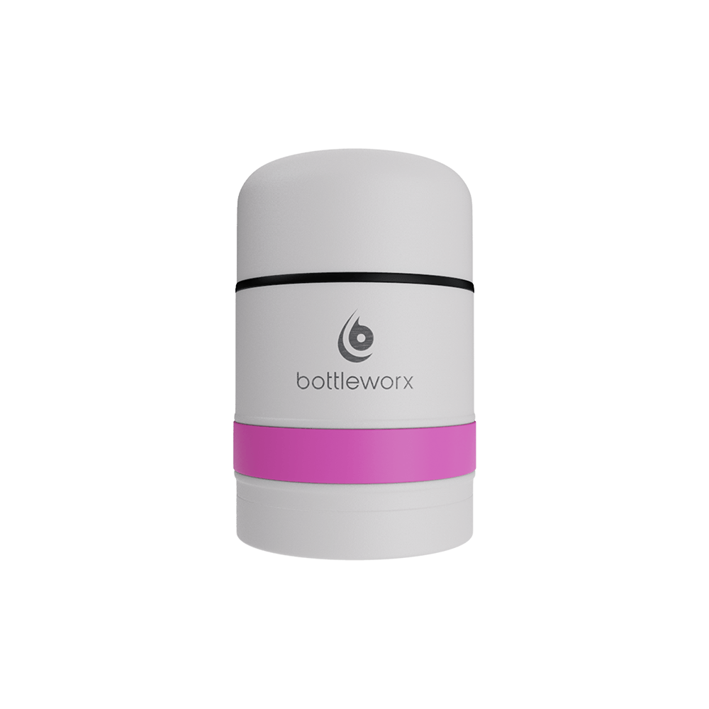 White food jar with pink band and black rim stripe on powder-coated lid