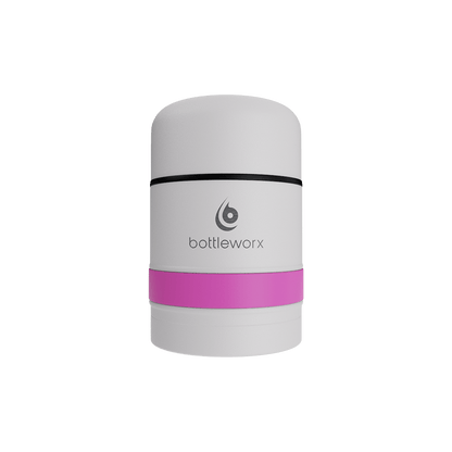 White food jar with pink band and black rim stripe on powder-coated lid