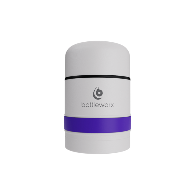 White food jar with purple band and black rim stripe on powder-coated lid