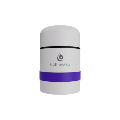 White food jar with purple band and black rim stripe on powder-coated lid