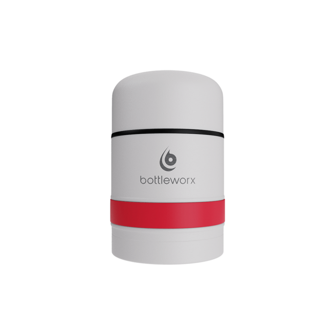 White food jar with red band and black rim stripe on powder-coated lid