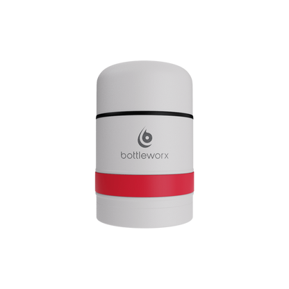 White food jar with red band and black rim stripe on powder-coated lid