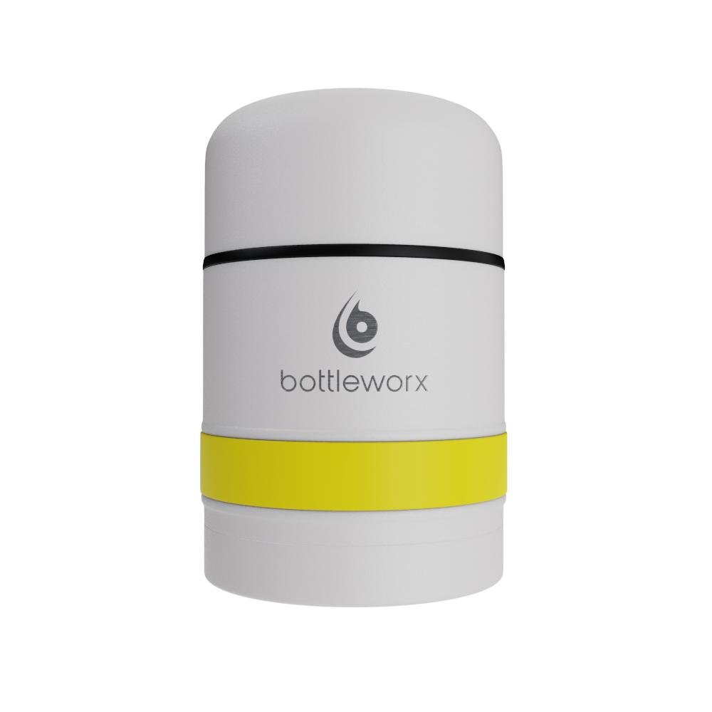 White food jar with yellow band and black rim stripe on powder-coated lid
