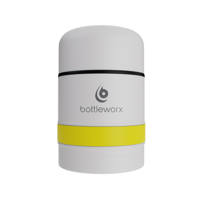 White food jar with yellow band and black rim stripe on powder-coated lid