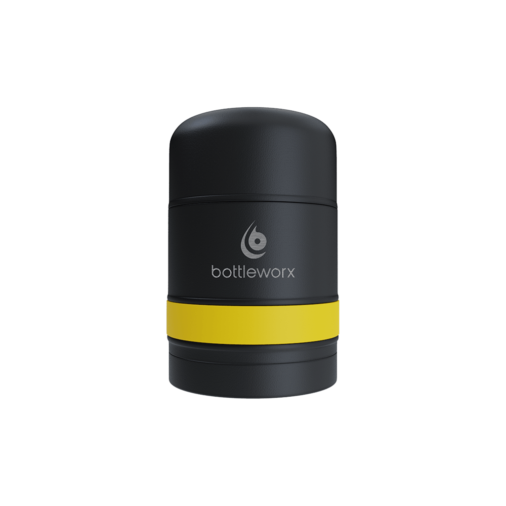 Food jar with black powder-coated body and yellow band, bottlerwox logo