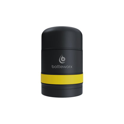 Food jar with black powder-coated body and yellow band, bottlerwox logo