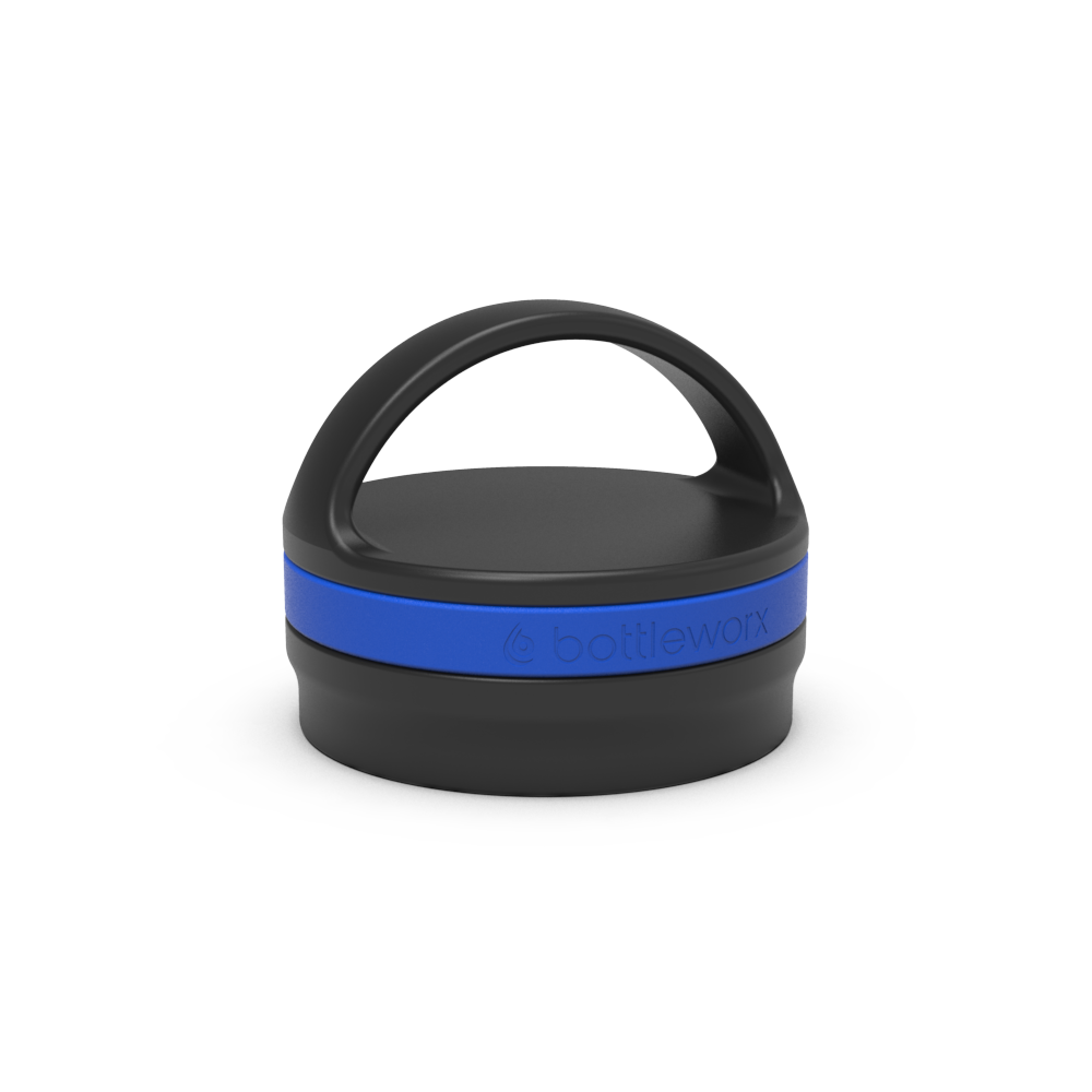 Insulated loop lid with blue band and black carrying handle