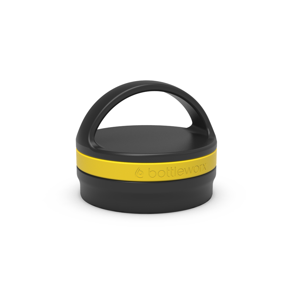 Insulated loop lid with yellow band and black carrying handle