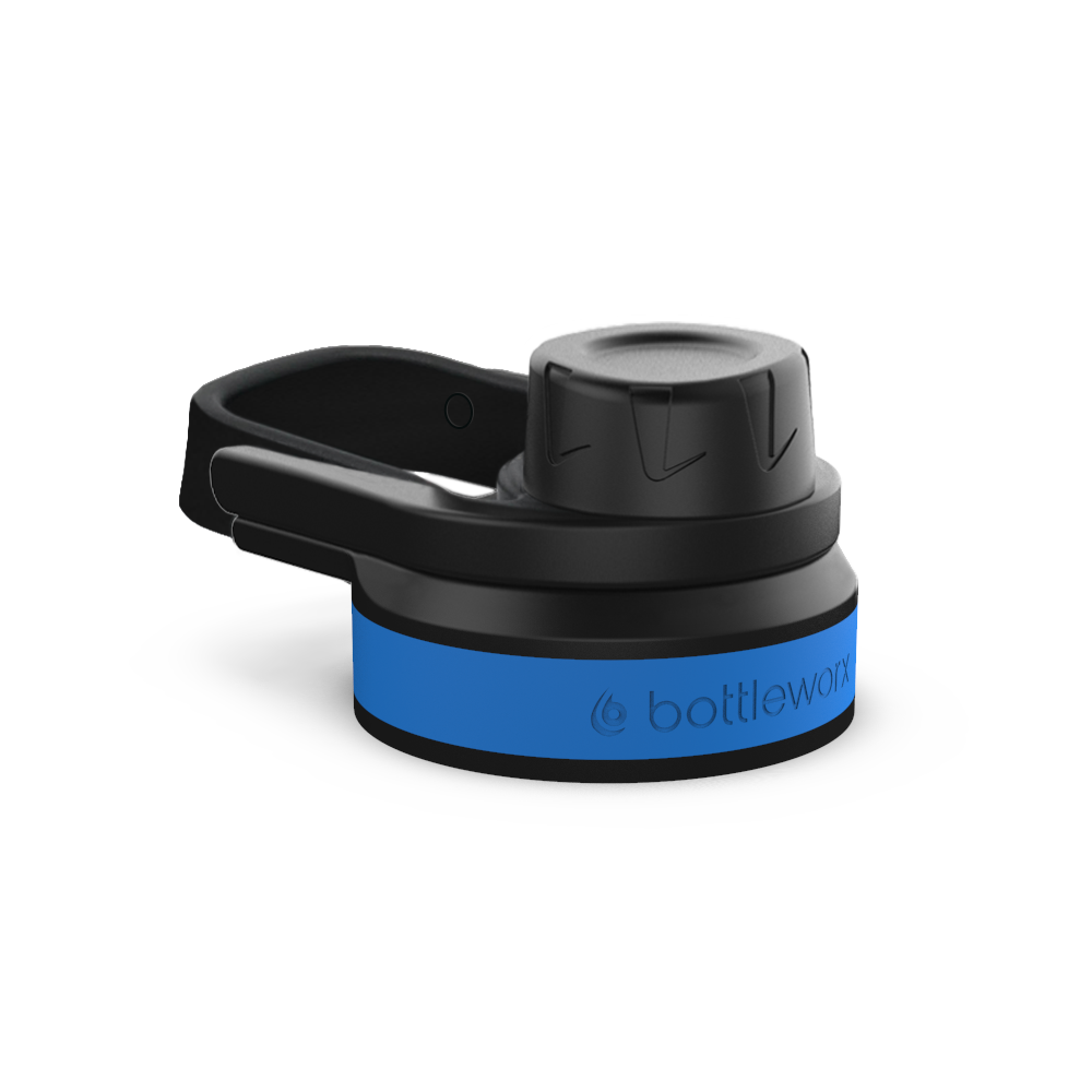 Sport locking lid with black cap, blue band and carry handle