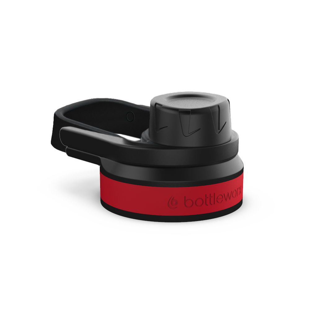 Sport locking lid with black cap, red band and carry handle