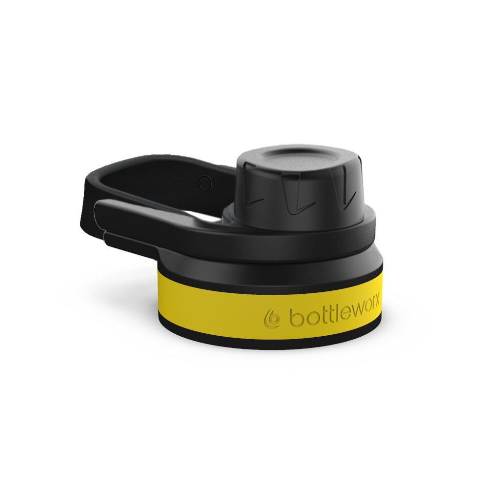 Sport locking lid with black cap, yellow band and carry handle