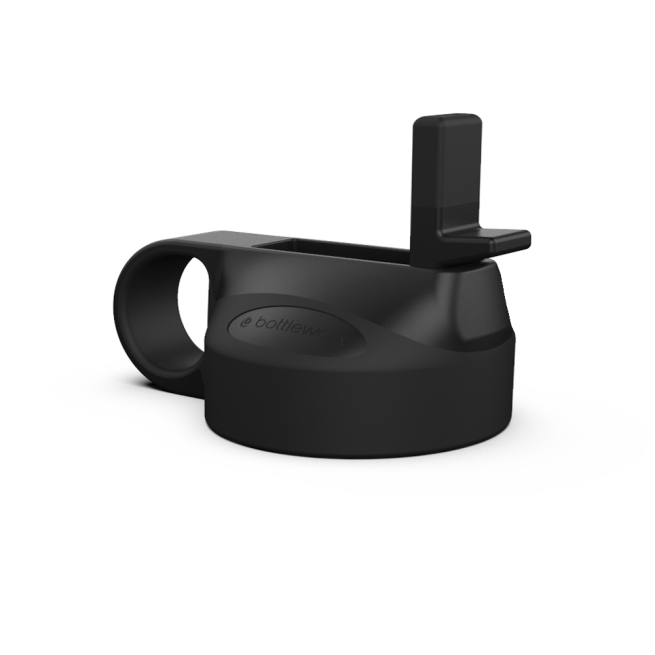 Black straw lid with side opening and black holder.