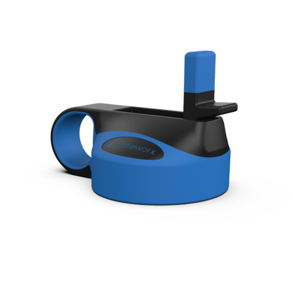 Blue straw lid with side opening and black holder.