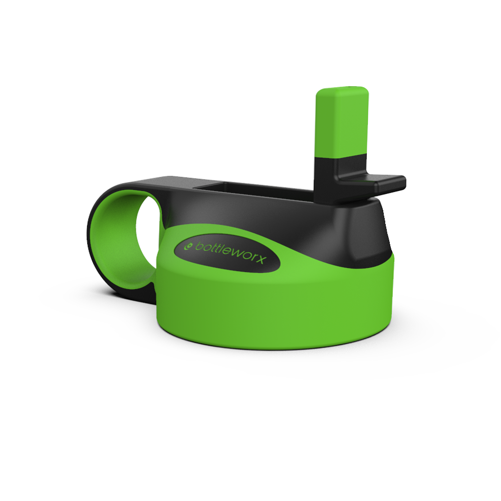 Green straw lid with side opening and black holder.