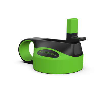 Green straw lid with side opening and black holder.