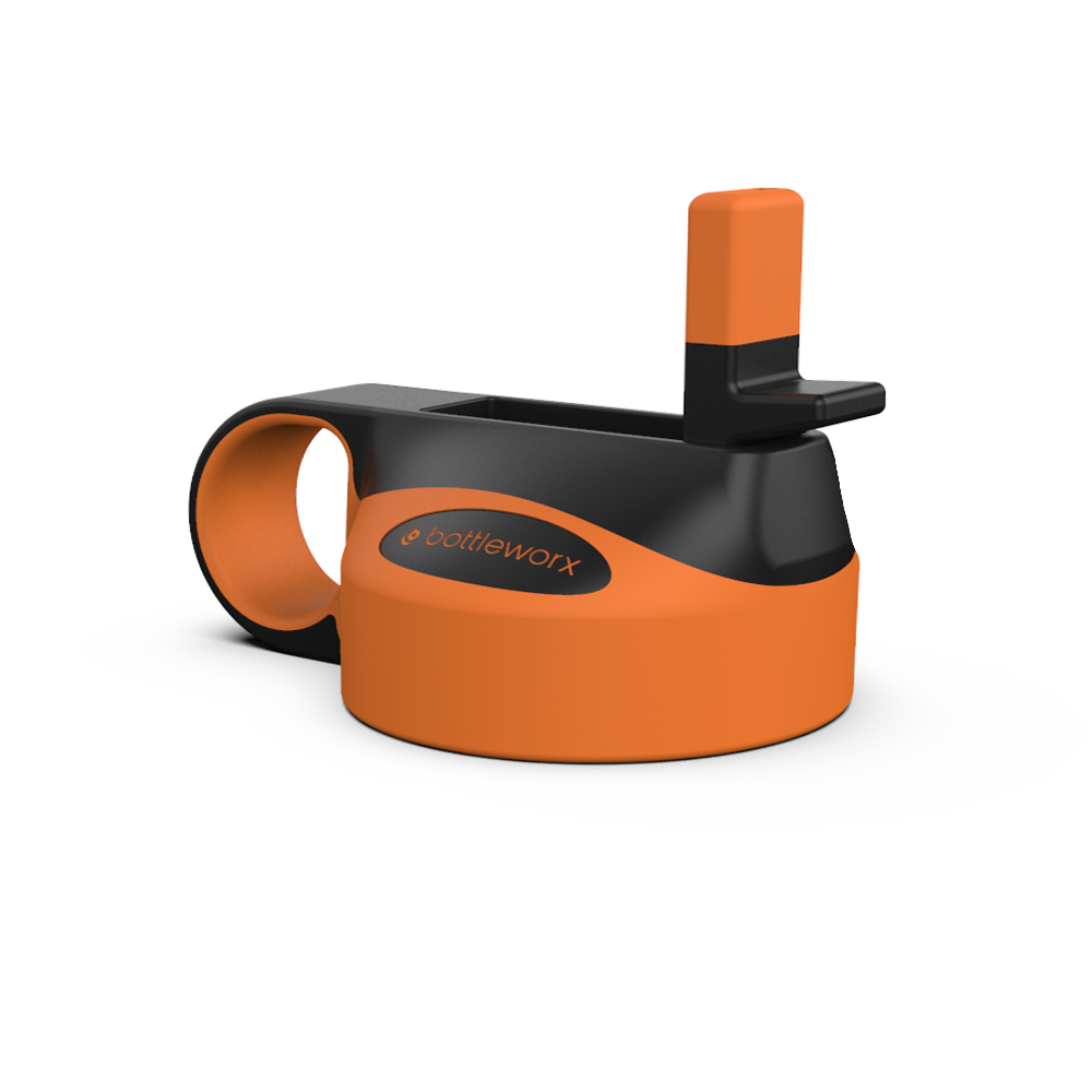 Orange straw lid with side opening and black holder.