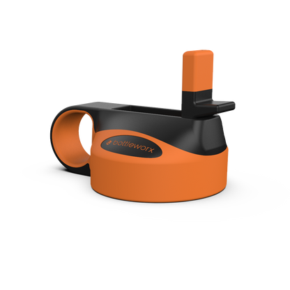 Orange straw lid with side opening and black holder.