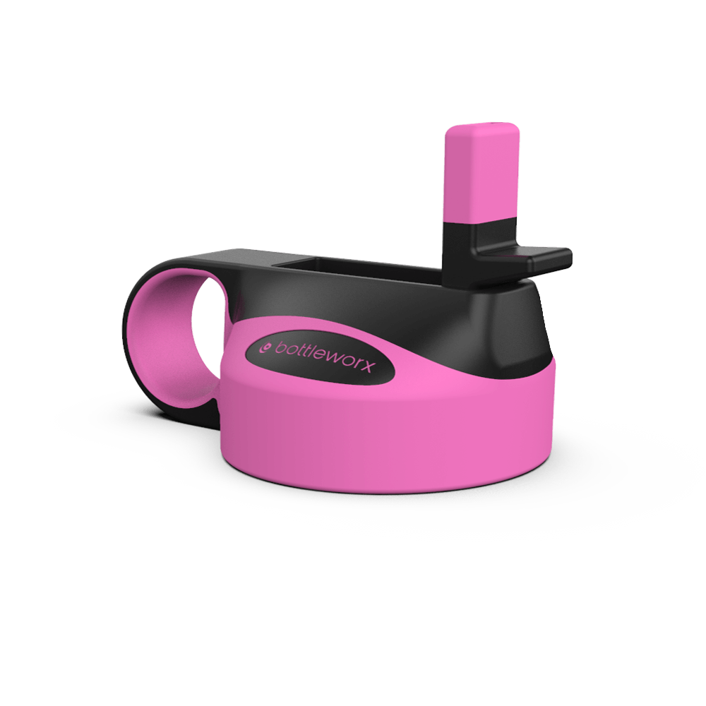 Pink straw lid with side opening and black holder.