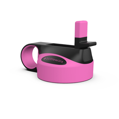 Pink straw lid with side opening and black holder.