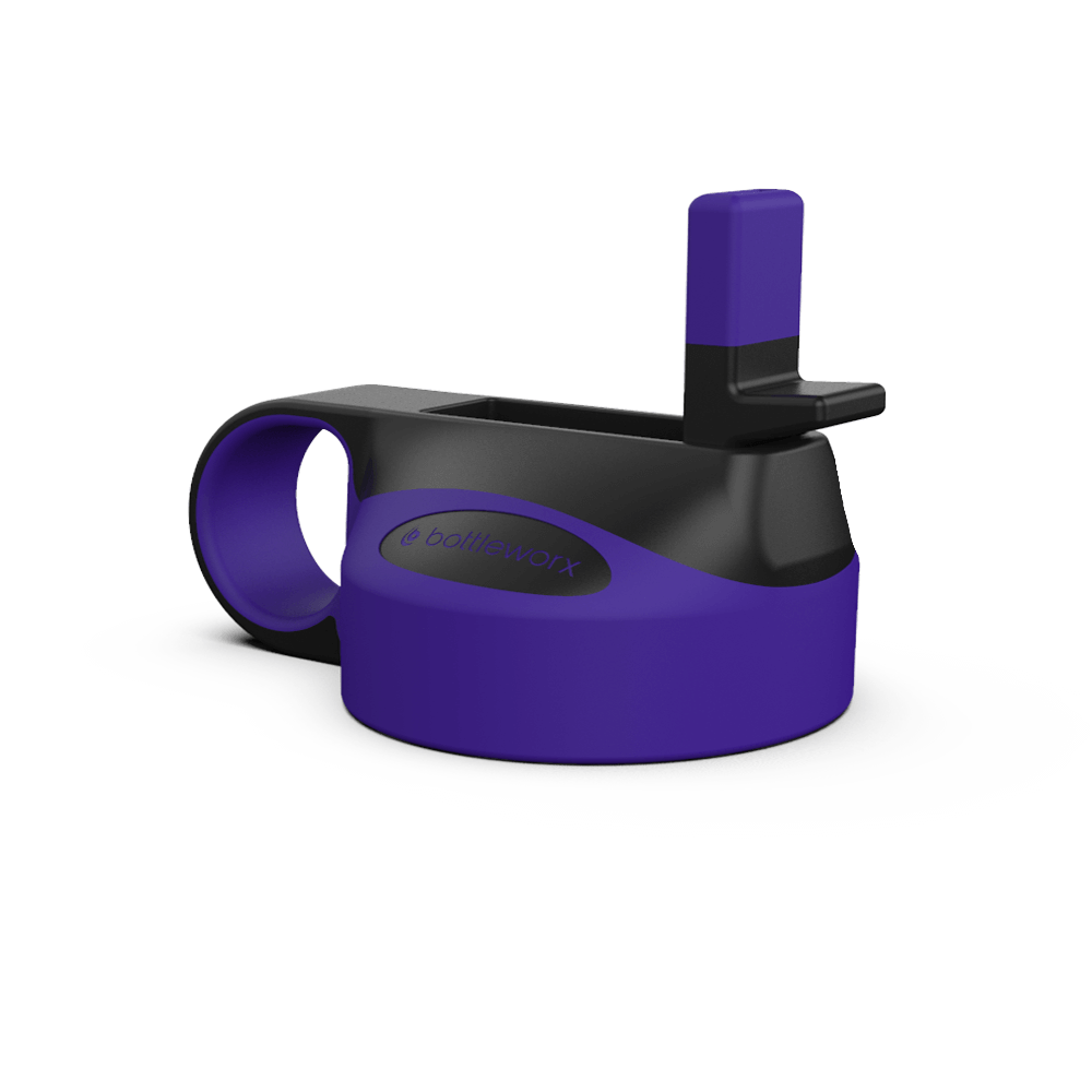Purple straw lid with side opening and black holder.