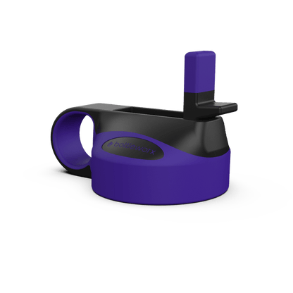 Purple straw lid with side opening and black holder.