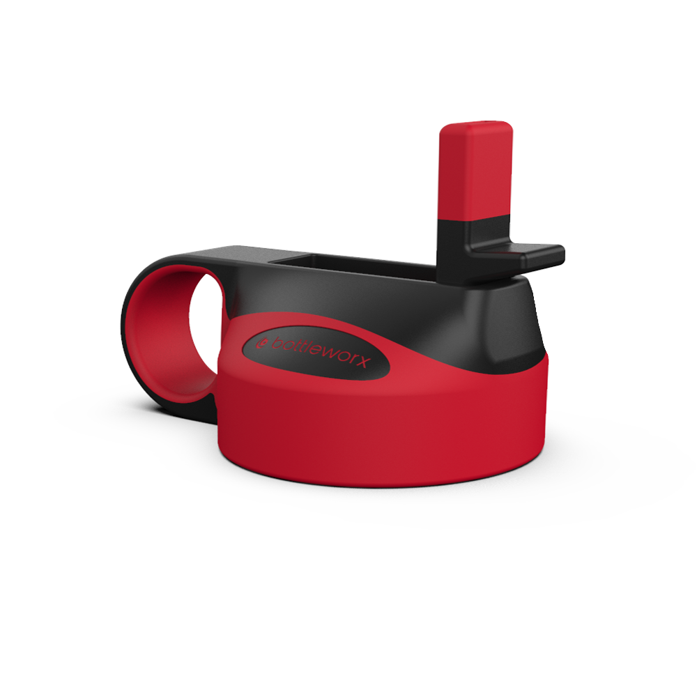 Red straw lid with side opening and black holder.