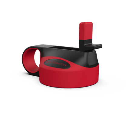 Red straw lid with side opening and black holder.