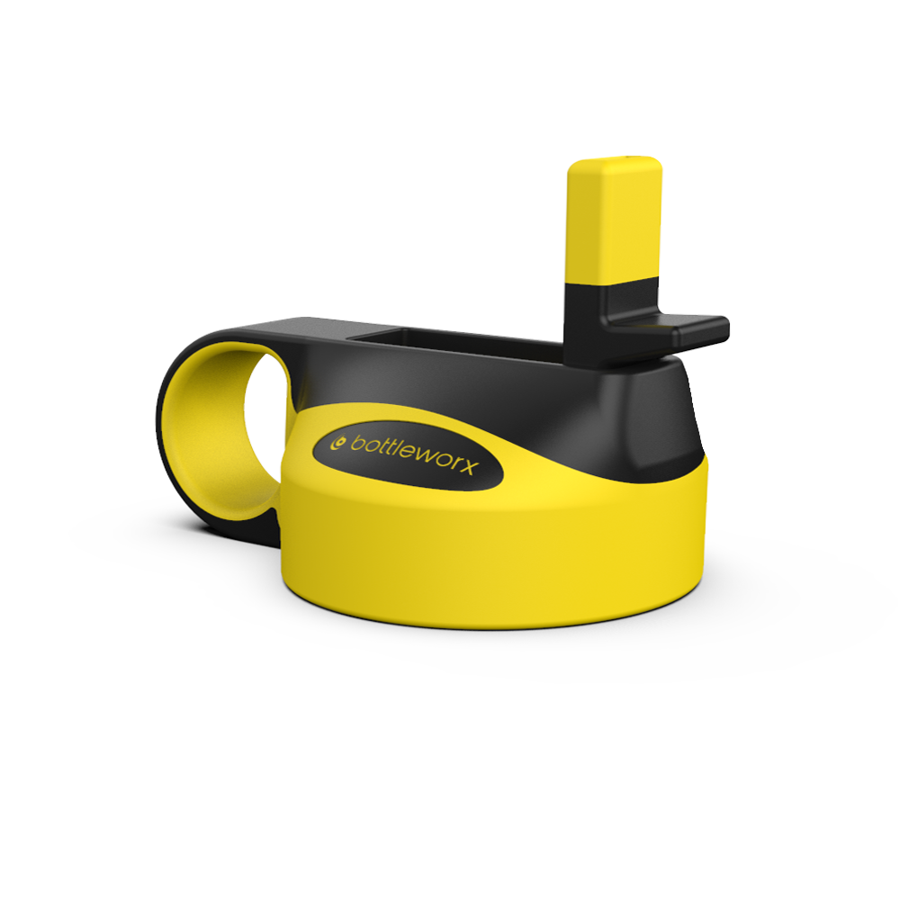 Yellow straw lid with side opening and black holder.