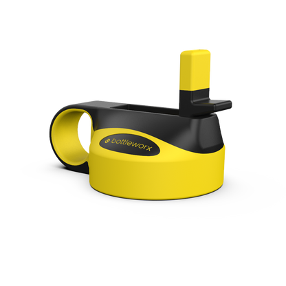 Yellow straw lid with side opening and black holder.