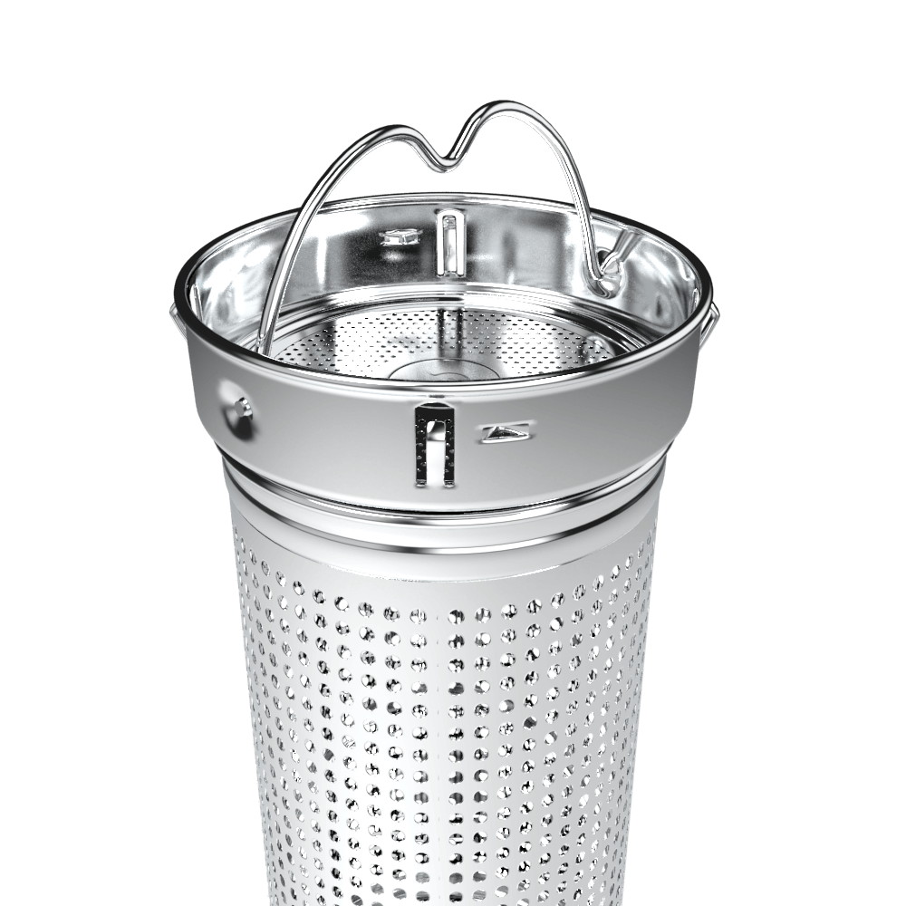Stainless steel tea infuser cup with handle over perforated mesh basket