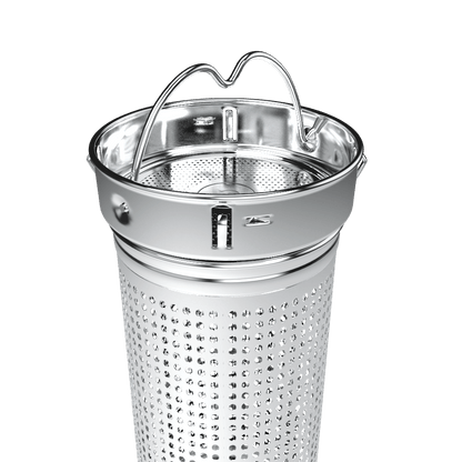 Stainless steel tea infuser cup with handle over perforated mesh basket