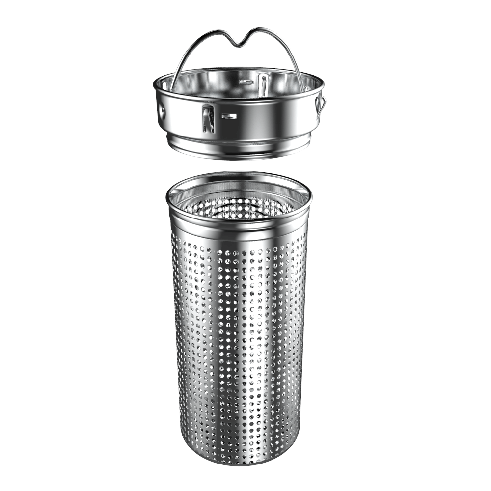 Stainless steel tea infuser cup with handle, open lid, perforated insert